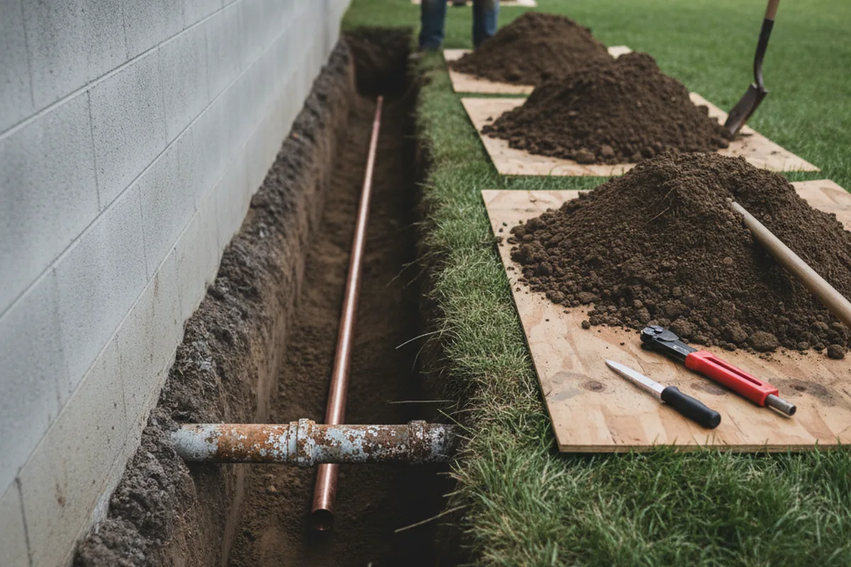 Excavated water line trench during Sewer Line Repair in Santa Rosa Beach